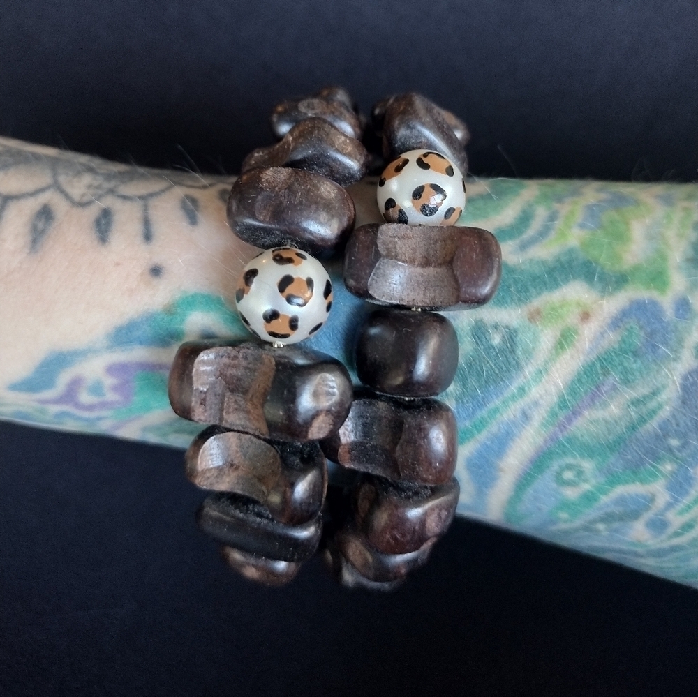 Chunky Wooden Beaded Wrap Bracelet With Leopard Print Beads